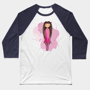 Cute bohemian girly girl with very long brown hair and a pink dress Baseball T-Shirt